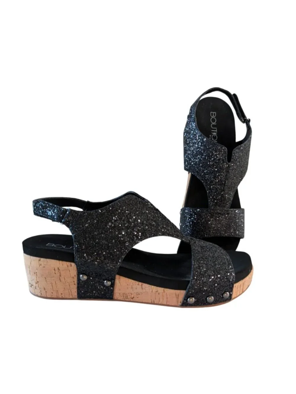 Boutique by Corkys Refreshing Sandals Womens 11 Black Glitter Cork Wedge Studded